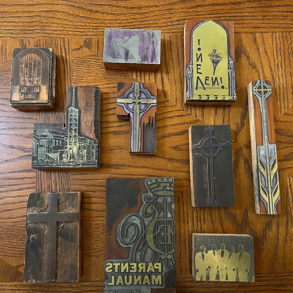 Set of 10 vintage printing plates, Christian, crosses, music